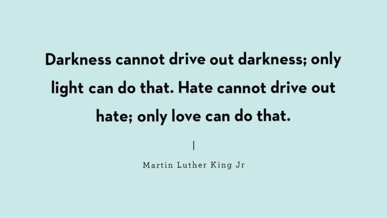 MLK Quote: Darkness cannot drive out darkness; only light can do that. Hate cannot drive out hate; only love can do that.