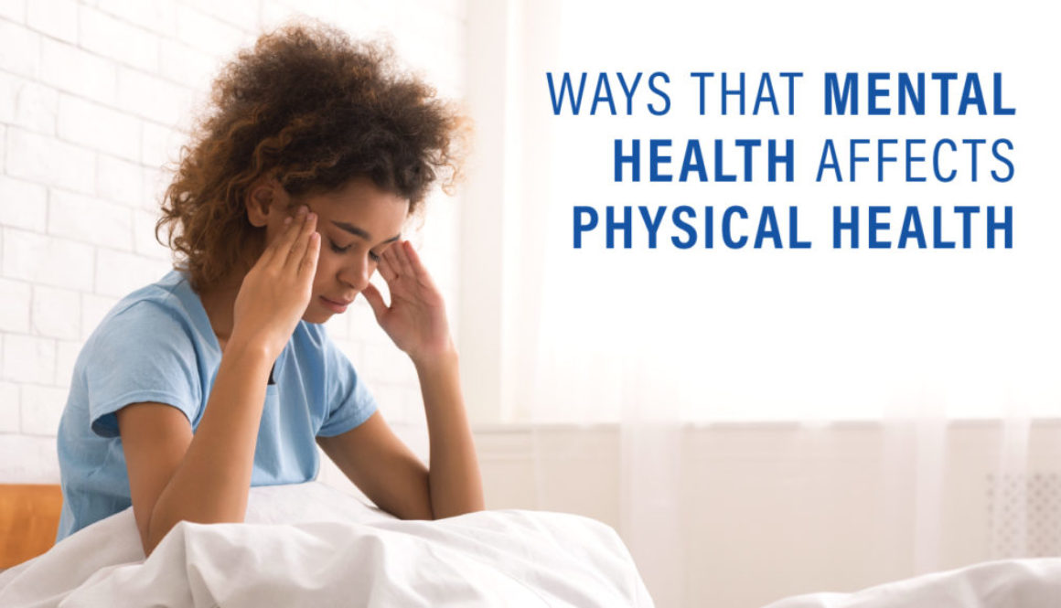 An image of a person holding their head in bed with text "Ways That Mental Health Affects Physical Health" for a blog by Richfield Medical Group of Minnesota