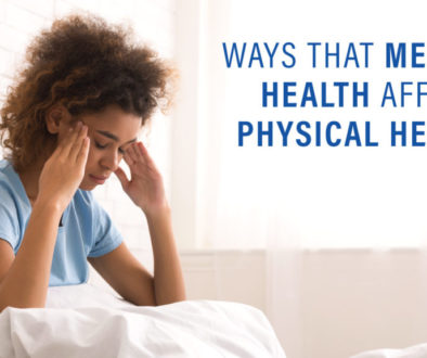 An image of a person holding their head in bed with text "Ways That Mental Health Affects Physical Health" for a blog by Richfield Medical Group of Minnesota